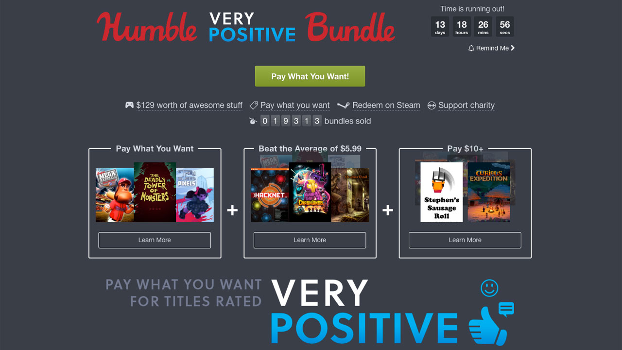 Humble Bundle has 8 games with very positive Steam ratings for