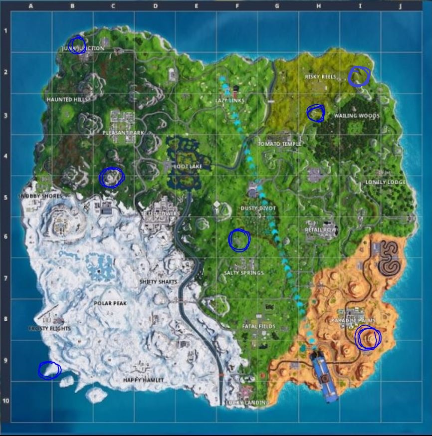 going from top left to bottom right the first location is at the feet of the giant llama statue in the extreme northwest of the map - the first dance in fortnite