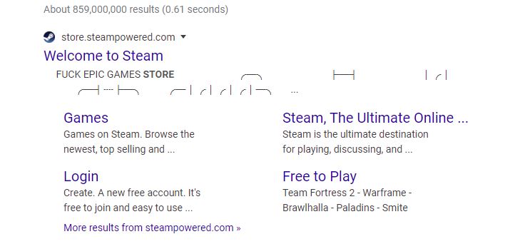 Steam s Google description currently reads  Fuck Epic Games Store  - 40